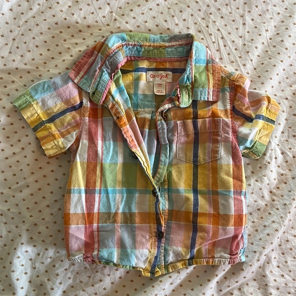 Lot of Toddler Button Down Printed Shirts orange plaid dinosaurs palm trees - Picture 6 of 6